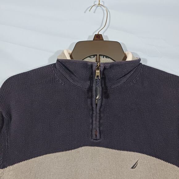 Nautica Mens Sweater XL Blue Wide Gray Stripe 1/4 Zip Long Sleeve Heavy Sweater - Picture 7 of 13